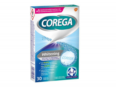 Levně Corega Whitening čisticí tablety 4v1 na zubní náhrady pro bělejší úsměv, 30ks