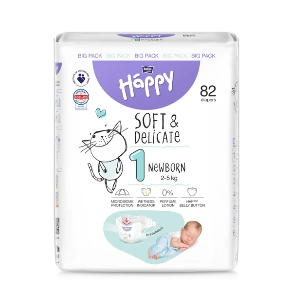 Levně Happy Soft&Delicate 1 dětské pleny 2-5kg 82ks