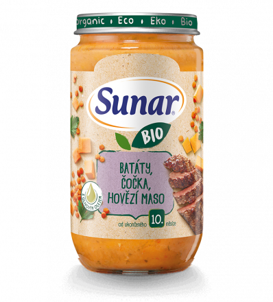 Levně Sunar BIO příkrm Batáty, červená čočka, hovězí maso 235g