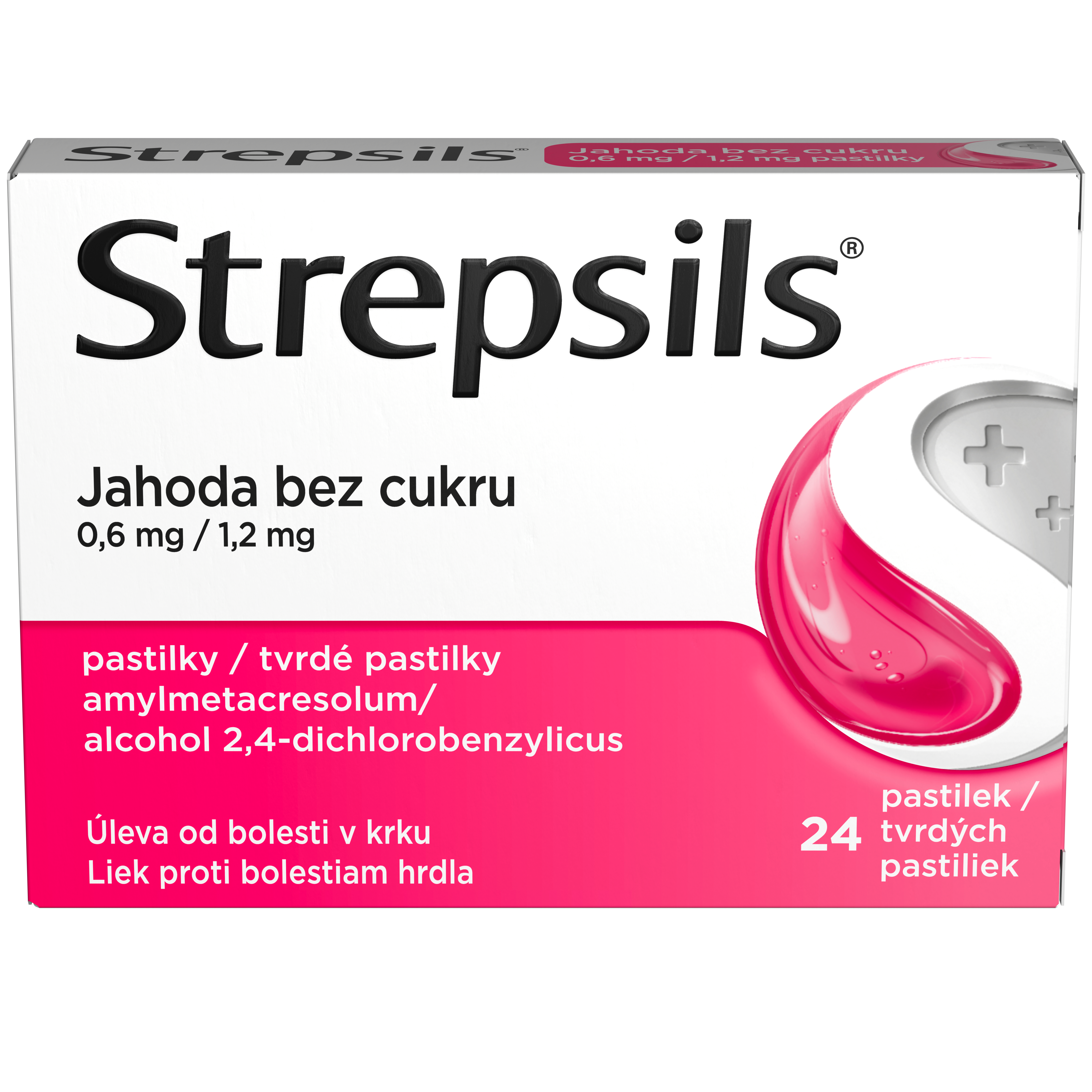 Levně Strepsils Jahoda bez cukru 0.6mg/1.2mg, 24 pastilek