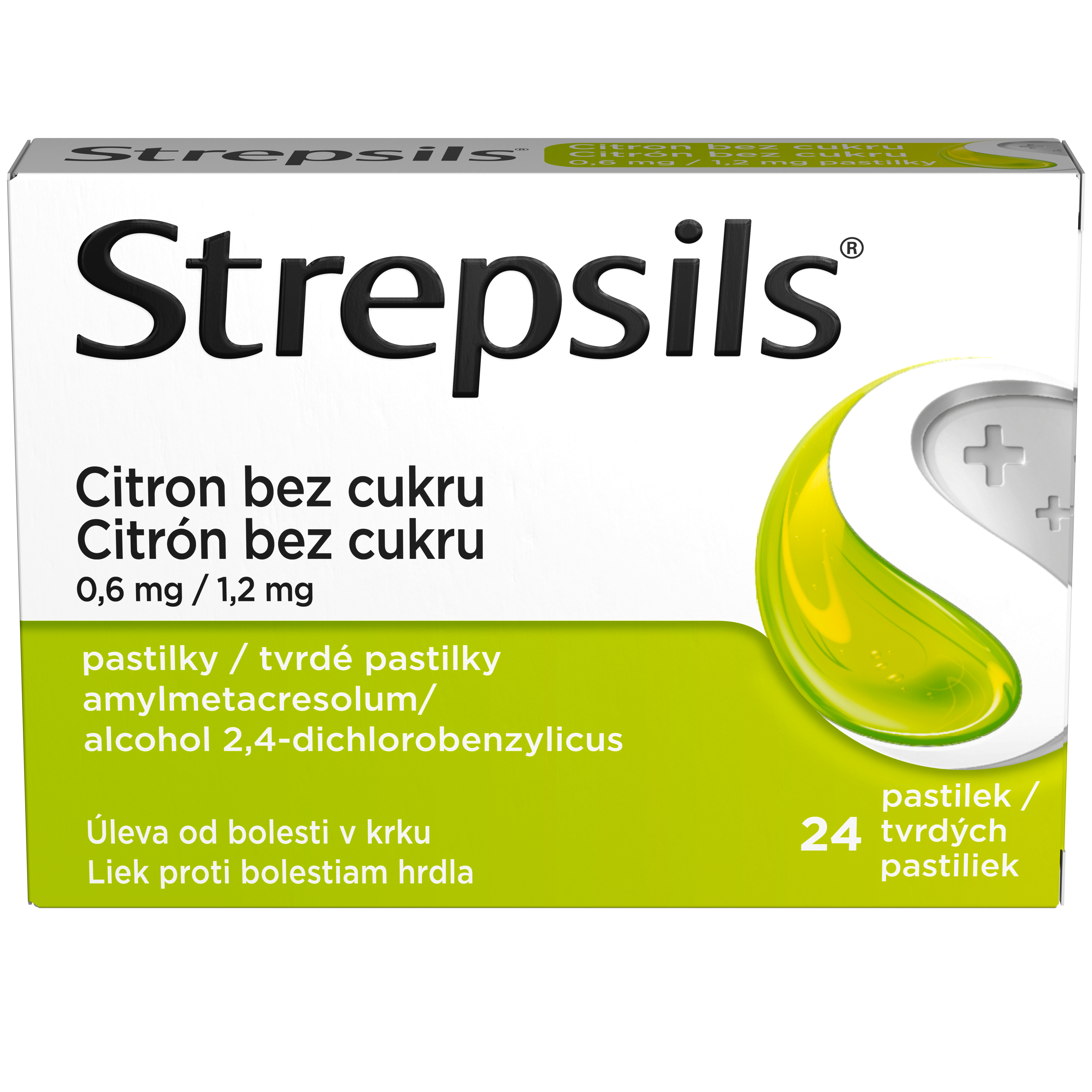 Levně Strepsils Citron bez cukru 0.6mg/1.2mg, 24 pastilek