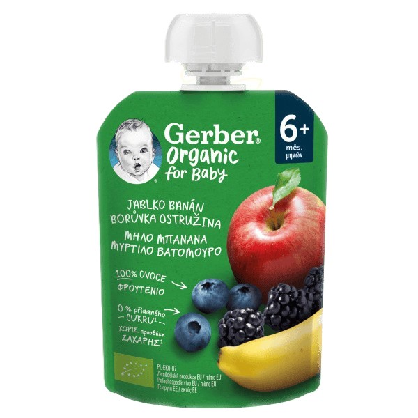 Levně GERBER Organic kapsička jablko, banán, borůvka a ostružina 90 g