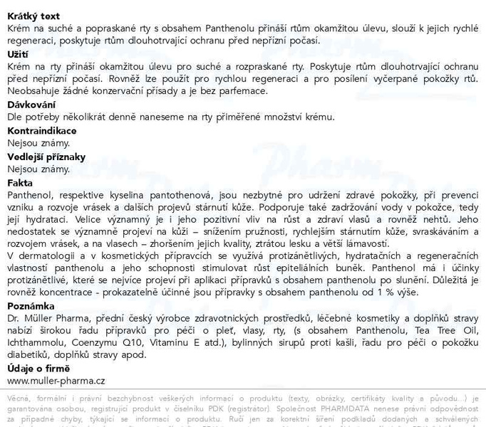 Příbalový leták - Panthenol krém na rty 7% 10ml Dr.Müller