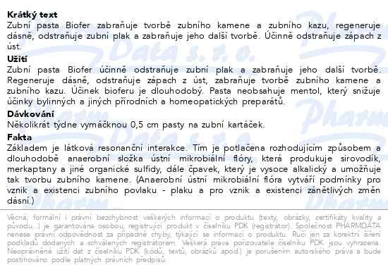 Příbalový leták - Zubní pasta Biofer 75ml
