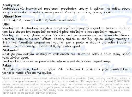 Příbalový leták - Repelent Predator Outdoor Impregnace spray 200ml
