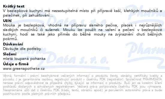 Příbalový leták - Green Apotheke Mouka pohanková bezlepková 400g