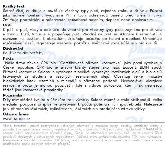 Příbalový leták - Saloos Růžová voda 100% BIO 100ml