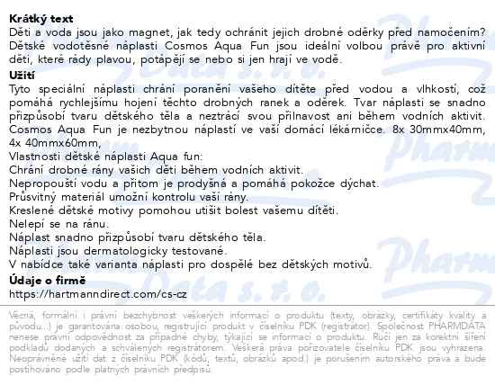 Příbalový leták - Cosmos náplast Do vody Aqua fun 2 vel. 12ks