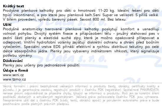 Příbalový leták - Seni Kids Junior plenkové kalhotky 11-20kg 30ks