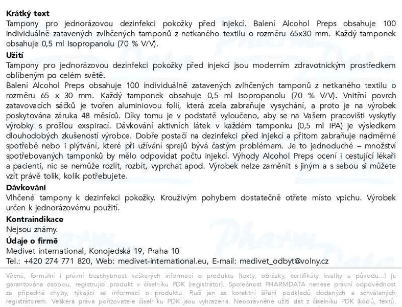 Příbalový leták - Alcohol Preps dezinfekční tampony - čtverečky100ks