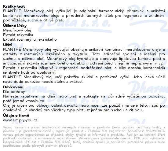 Příbalový leták - PLANTHÉ Meruňkový olej vyživující 50 ml