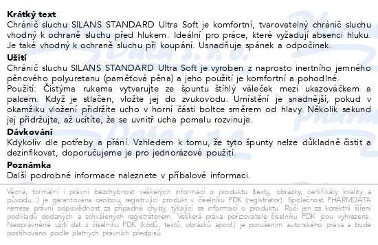Příbalový leták - Silans ultra soft chránič sluchu STANDARD 1pár