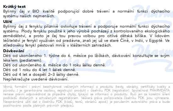 Příbalový leták - LEROS Dětský čaj Fenykl BIO 20x1.5g