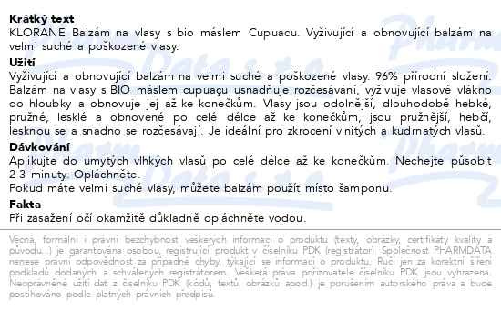 Příbalový leták - KLORANE Balzám vyživující s bio máslem Cupuacu 200ml