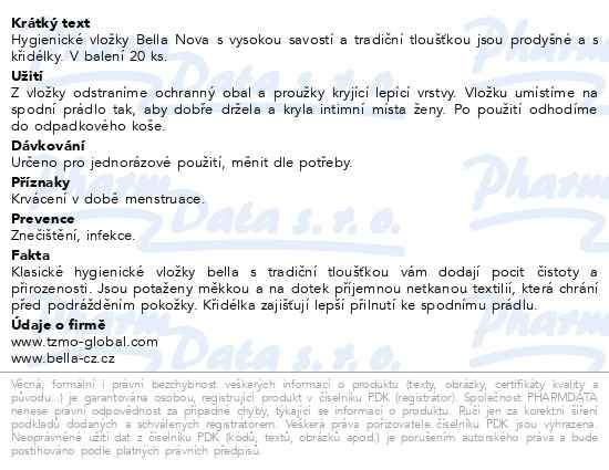 Příbalový leták - Bella Nova hygienické vložky 20ks