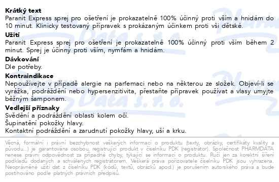 Příbalový leták - Paranit EXPRESS sprej 95 ml + hřeben