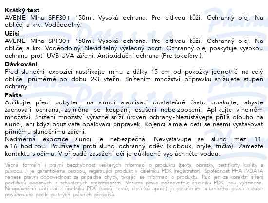 Příbalový leták - AVENE Sun Mlha SPF30 150ml