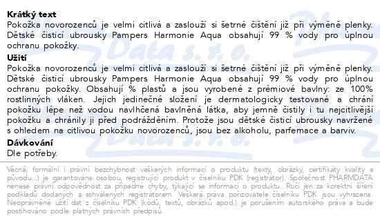 Příbalový leták - Pampers Harmonie Aqua dětské čisticí ubrousky 48ks