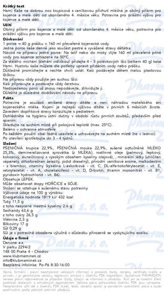 Příbalový leták - Hami Mléčná kaše na dobrou noc krupice vanilka 210g 4M