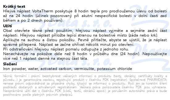 Příbalový leták - VoltaTherm hřejivá náplast na úlevu od bolesti zad 5ks