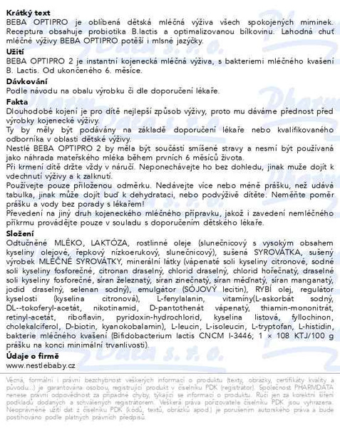 Příbalový leták - BEBA OPTIPRO 2 pokračovací kojenecké mléko 500g