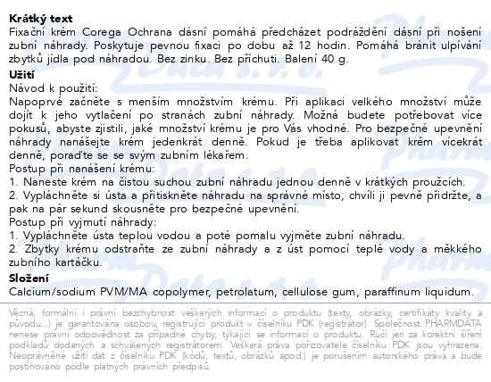 Příbalový leták - Fixační krém Corega Ochrana dásní pro předcházení podráždění dásní, pevná fixace, 40g