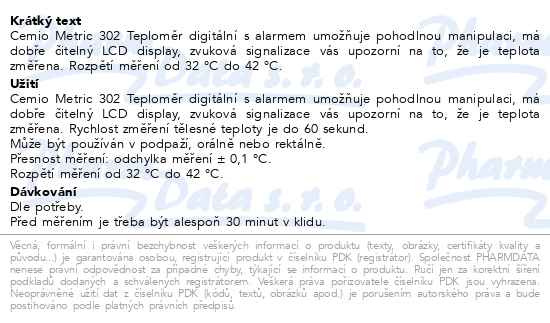 Příbalový leták - Cemio Metric 302 Digitální teploměr