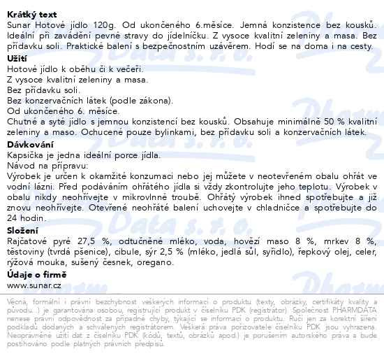 Příbalový leták - Sunar Hotové jídlo Lasagne s hovězím masem 120g