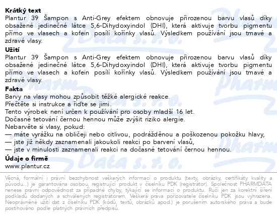 Příbalový leták - Plantur 39 Šampon s Anti-Grey efektem 200ml