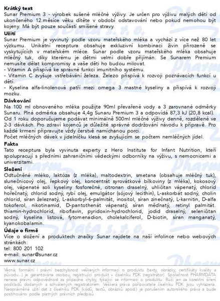 Příbalový leták - Sunar Premium 3,  batolecí mléko