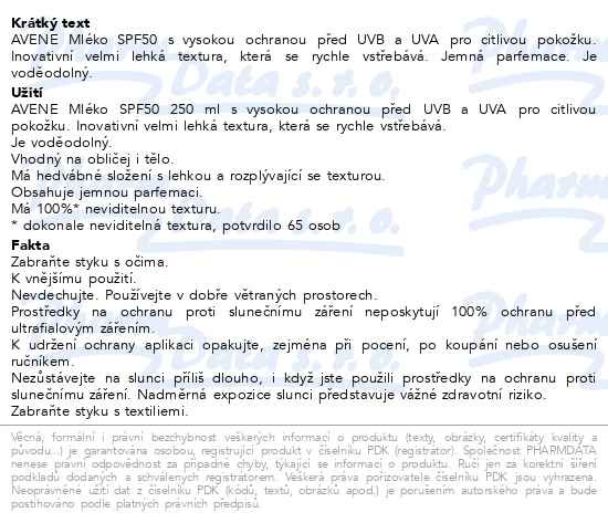 Příbalový leták - AVENE Sun Mléko SPF50 250ml
