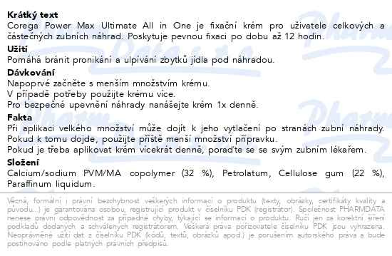 Příbalový leták - Corega Power Max Ultimate All in 1 fixač.krém 40g