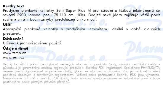 Příbalový leták - Seni Super Plus inkon.plenkové kalhotky M 10ks