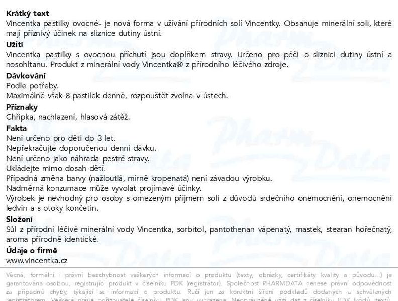 Příbalový leták - Vincentka Pastilky ovocné 18ks