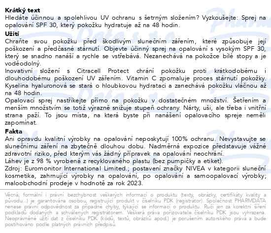 Příbalový leták - NIVEA SUN Sprej na opalování Protect & Moisture SPF 30 270ml