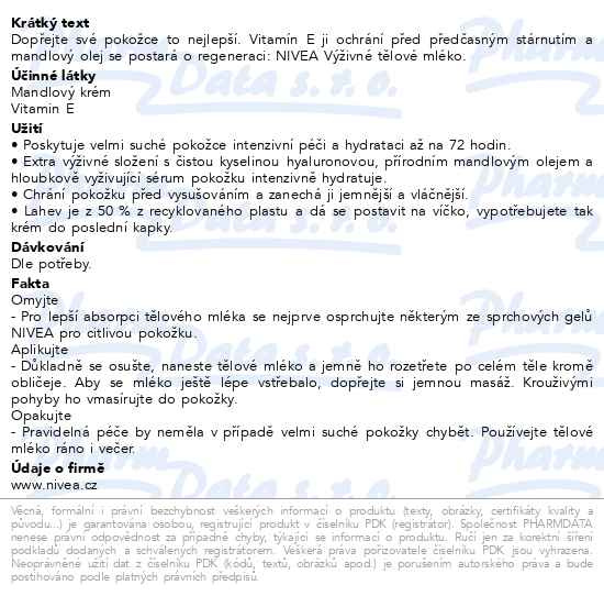 Příbalový leták - NIVEA Výživné tělové mléko Body Milk 400 ml