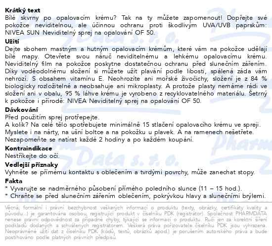 Příbalový leták - NIVEA SUN Neviditelný sprej na opalování SPF 50 200ml