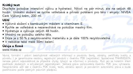 Příbalový leták - NIVEA Care Výživný krém, 200 ml