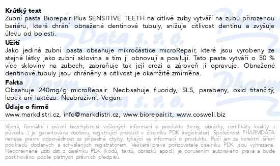 Příbalový leták - Biorepair Plus Sensitive Teeth zubní pasta 75ml