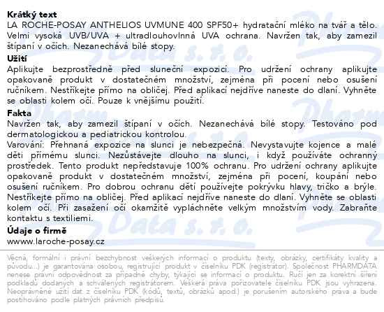 Příbalový leták - LA ROCHE-POSAY ANTHELIOS mléko SPF50+ 150ml