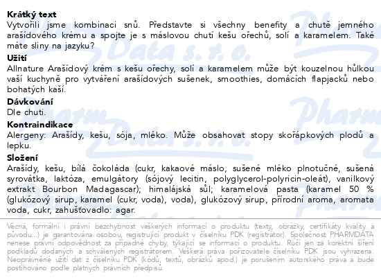 Příbalový leták - Allnature Arašíd.krém s kešu solí a karamelem 220g