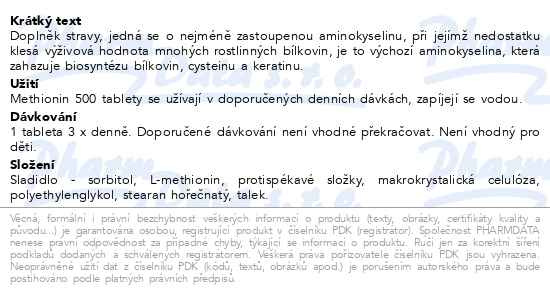 Příbalový leták - Methionin 500, 50 tablet Fagron