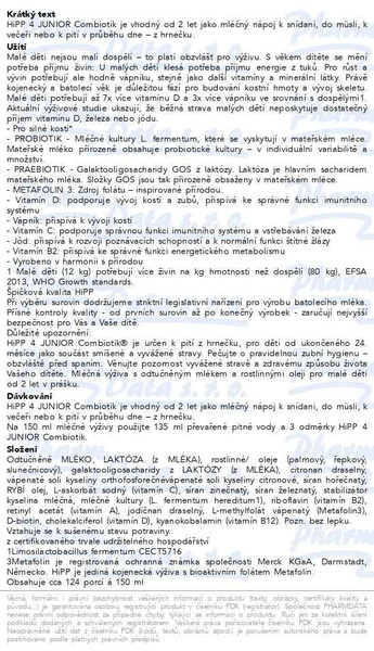 Příbalový leták - HiPP MLÉKO 4 JUNIOR Combiotik 4x500g