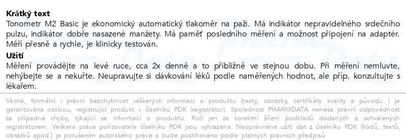 Příbalový leták - Tonometr digitální OMRON M2 Basic nový