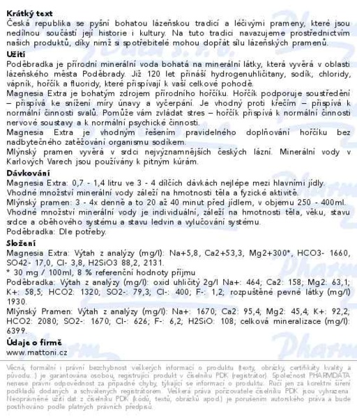 Příbalový leták - Poděbradka+Magnesia Extra+Mlýnský pramen 3x700ml