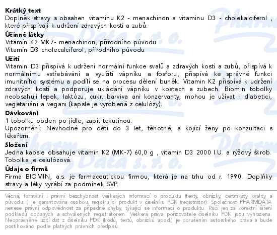 Příbalový leták - Biomin VITAMIN K2+D3 2000 I.U. PREMIUM tob.60+30