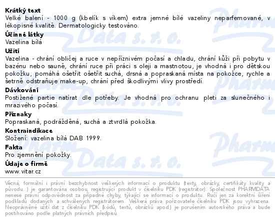 Příbalový leták - Vitar Vazelina extra jemná bílá 1000g