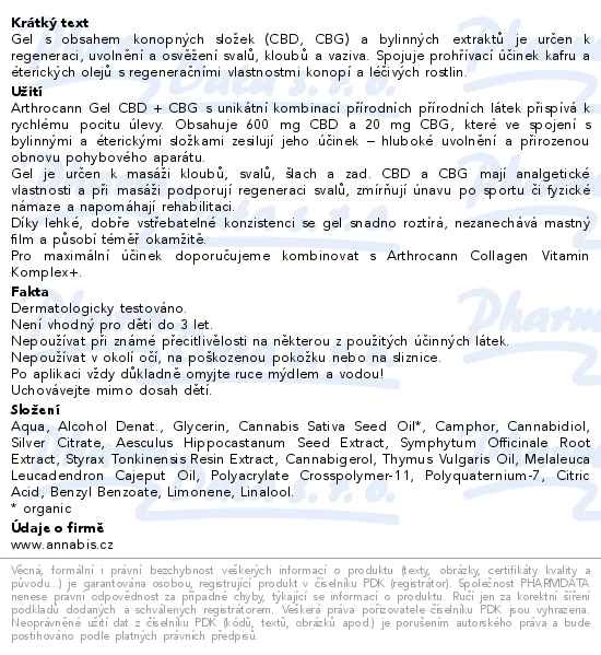 Příbalový leták - Annabis Arthrocann CBD+CBG masážní gel 75ml