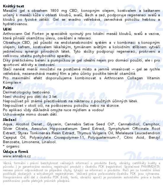 Příbalový leták - Annabis Arthrocann Forte+ CBD masážní gel 90ml