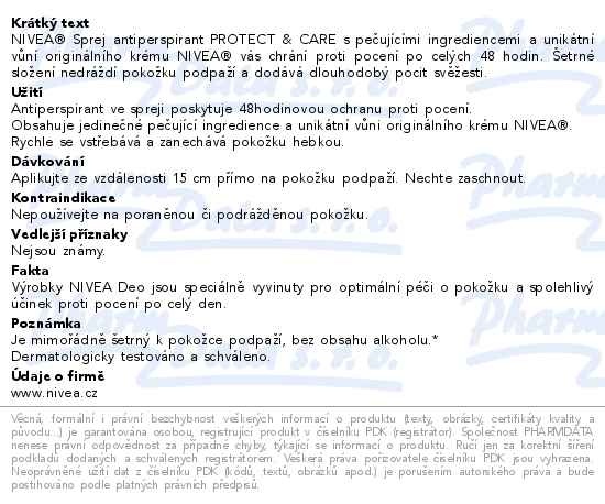 Příbalový leták - NIVEA Sprej antiperspirant Protect & Care 150ml